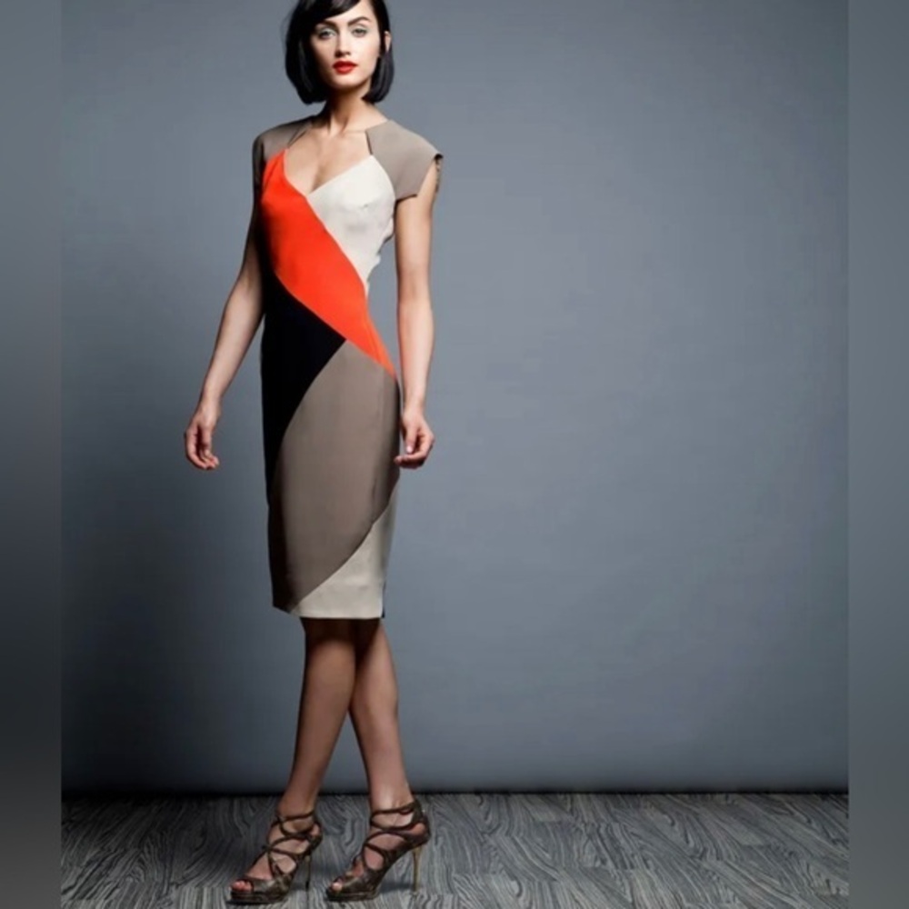 Lela Rose Colorblock Sheath Dress in Orange, Black, Taupe, Cream